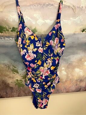 Time and Tru Royal Blue Floral One-Piece Swimsuit